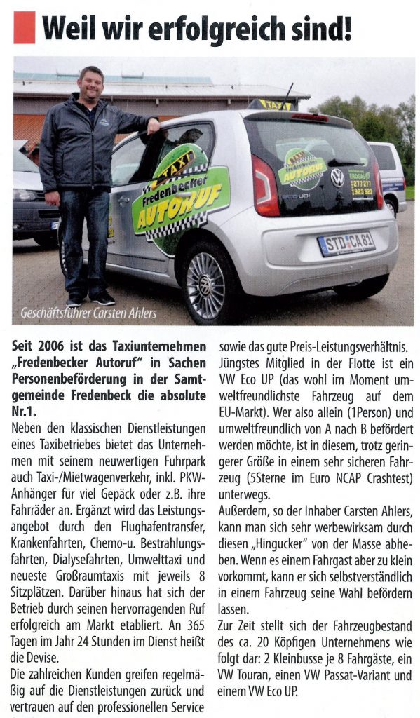 Fredenbecker Blick - Zeitungsartikel vom 25.09.2013 - Weil wir erfolgreich sind - Ihr Fredenbecker Autoruf