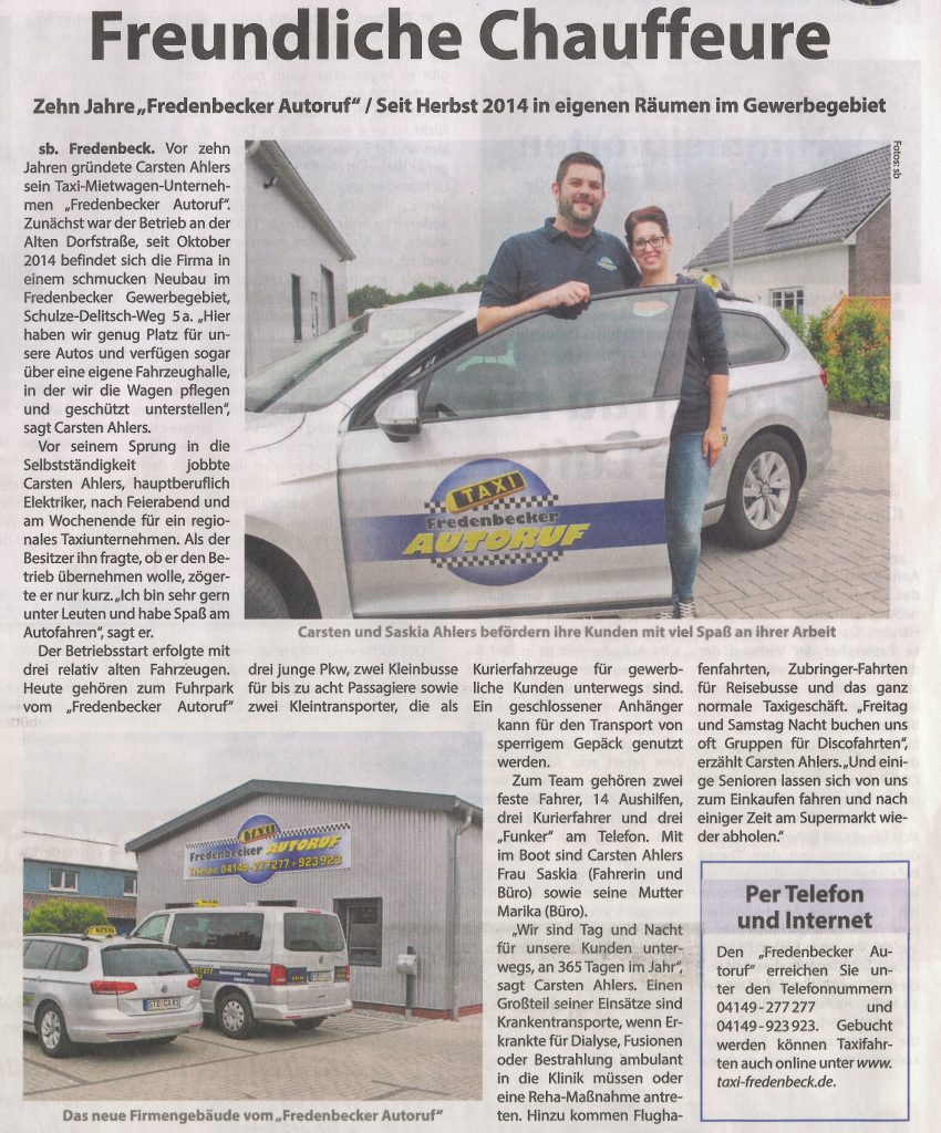 Kreiszeitung Wochenblatt - Zeitungsartikel vom 29.06.2016 - Freundliche Chauffeure - Ihr Fredenbecker Autoruf